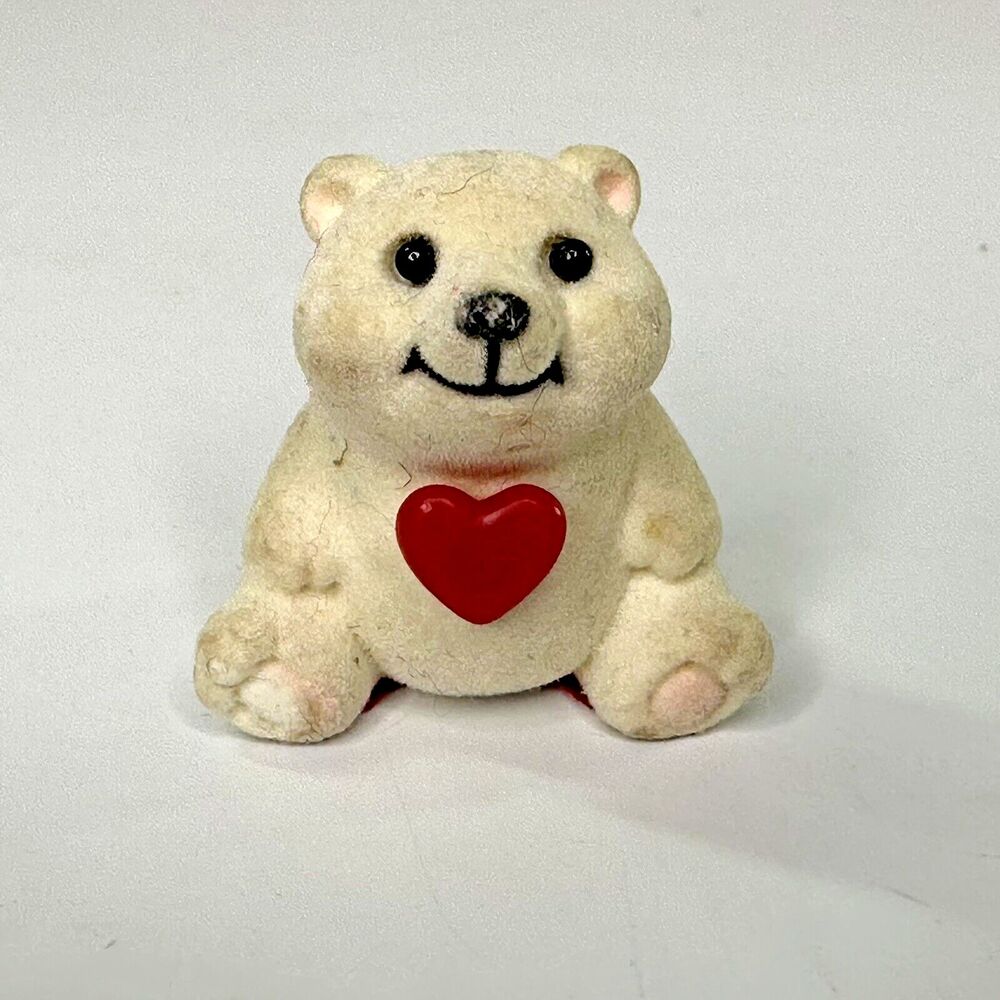 Vintage Flocked Happy Polar Bear Sitting Figurine White Red Heart 1.5" Fuzzy‎